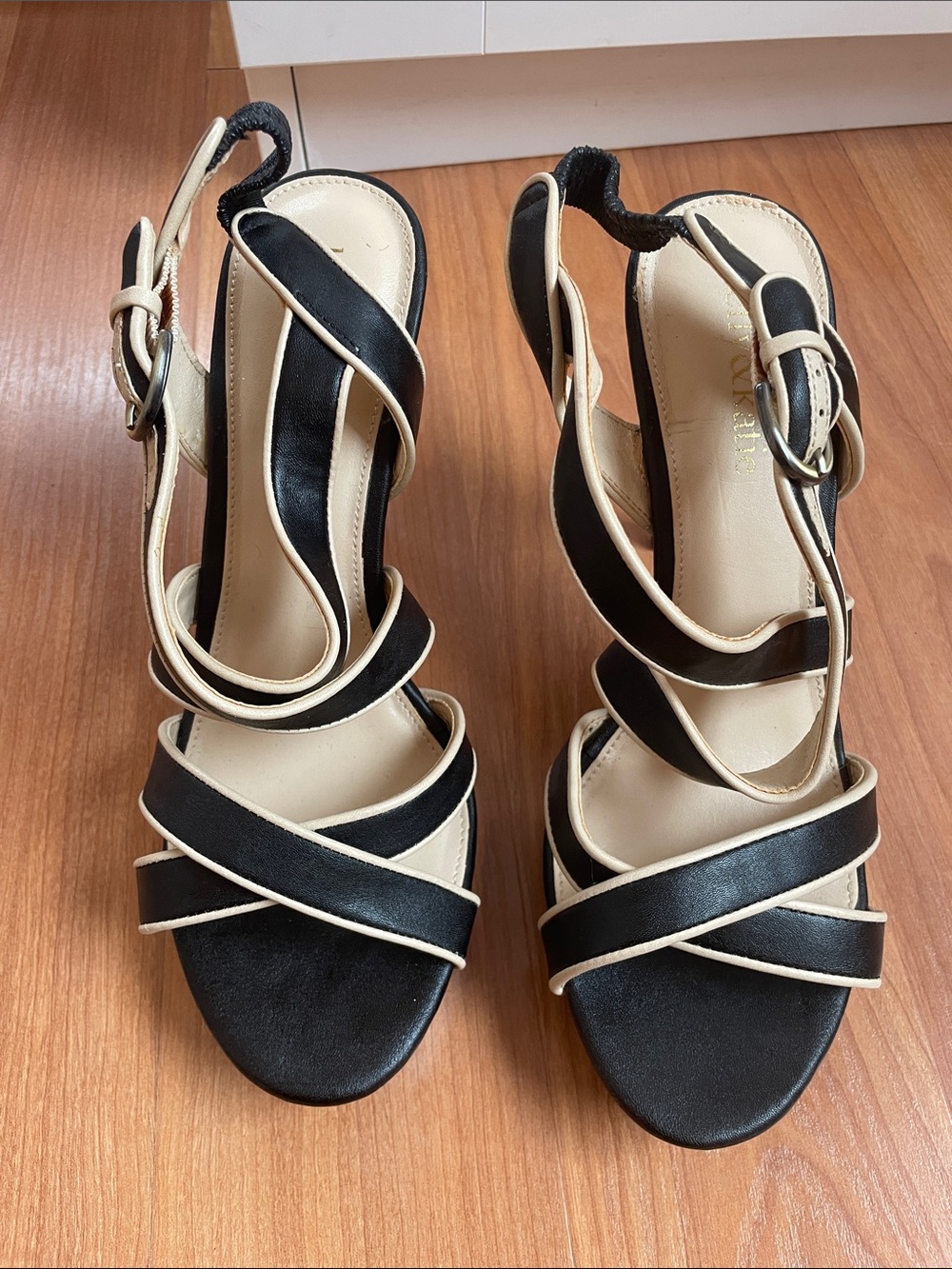 Kelly & Katie Black and Cream Strappy Slingback Heels
